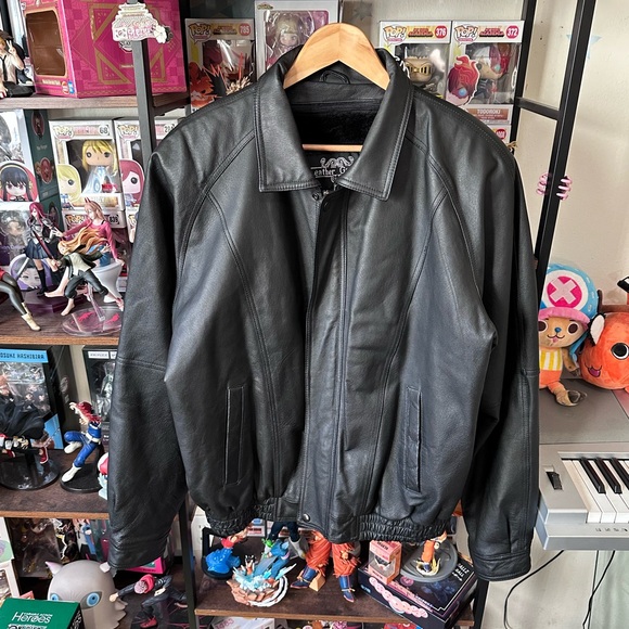 Vintage Leather Bomber Jacket Men's L Faux Fur Lined Zip Front